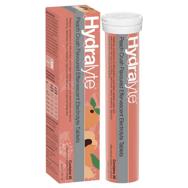 Hydralyte Effervescent Electrolyte Tablets Peach Crush Flavoured 20 Tablets