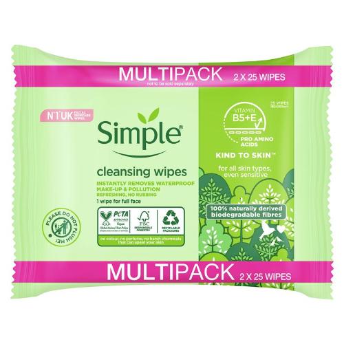 Simple Biodegradable Cleansing Face Wipes 2X25