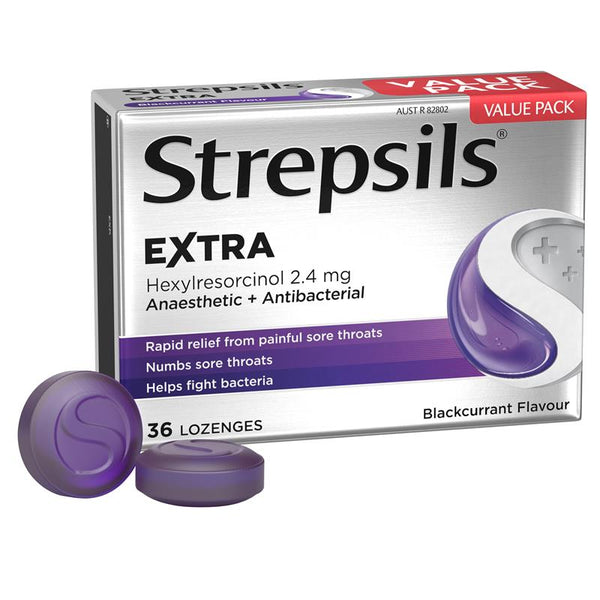 Strepsils Extra Blackcurrant Fast Numbing Sore Throat Pain Relief with Anaesthetic 36 Lozenges