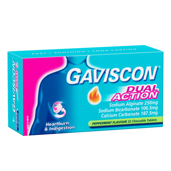 Gaviscon Dual Action Chewable Tablets Peppermint Heartburn & Indigestion Relief 32 Pack