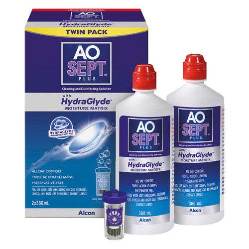 AOSEPT PLUS HydraGlyde Contact Lens Solution Twin Pack 2 x 360mL + Case