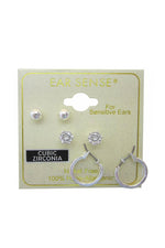 EarSense Silver Ball Stud Cubic Zirconia and Hoop Trio Earrings 15mm