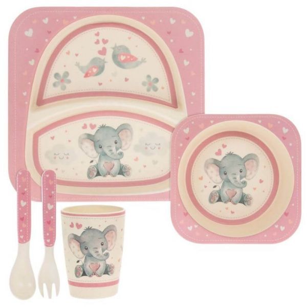 Baby Girl Elephant 5 Piece Dining Set - Pink