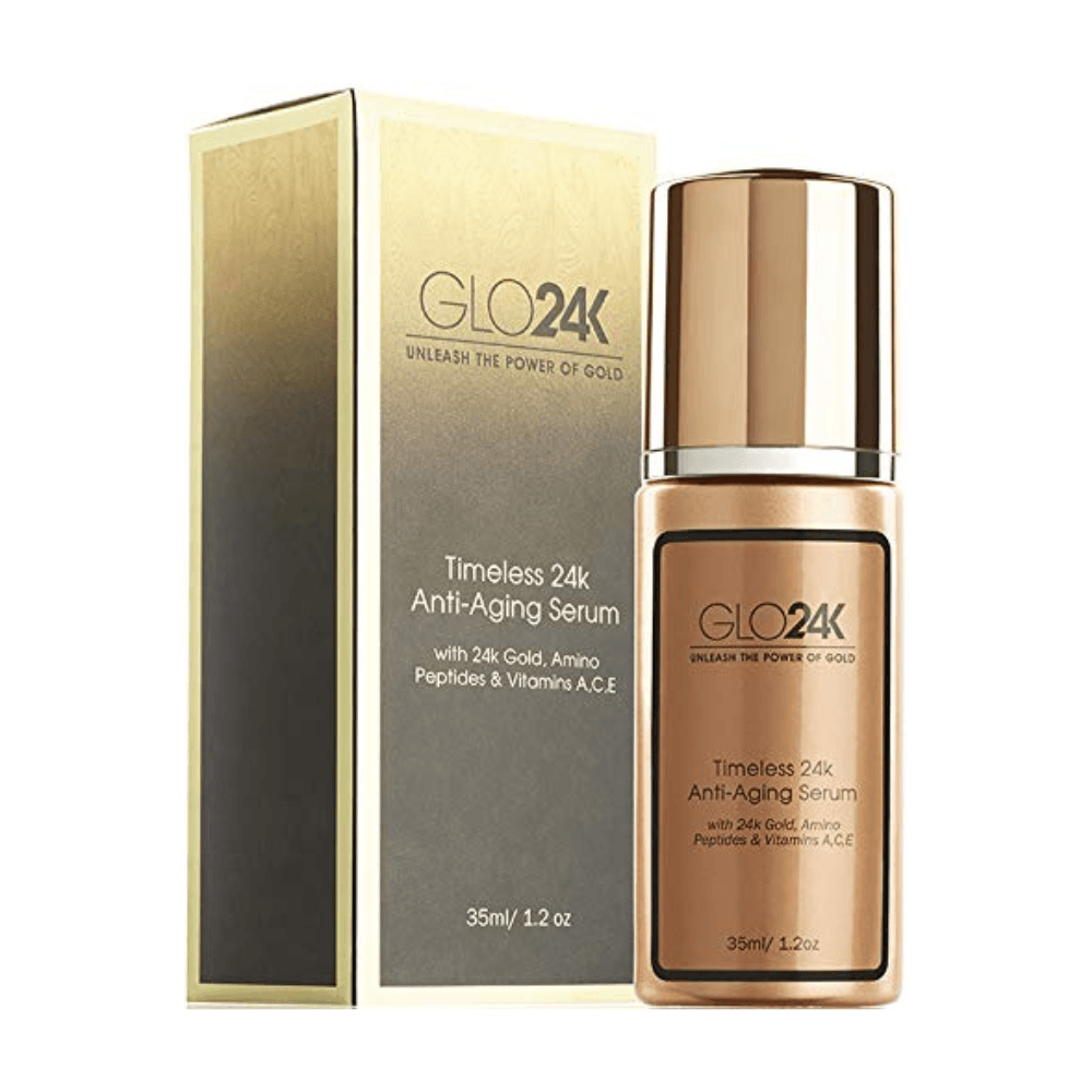 Packaging of GLO24K Timeless 24k Anti-Aging Serum with a golden bottle and box, labeled for anti-aging benefits.