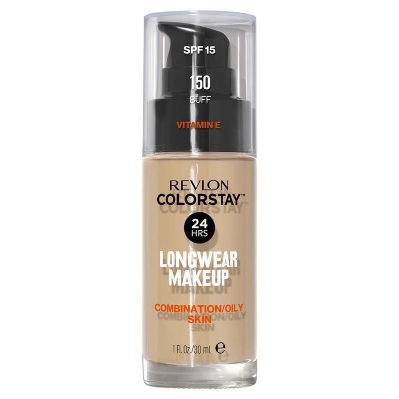 A pump bottle of Revlon ColorStay Longwear Makeup Foundation in a shade that appears to be a combination of oily and matte finishes, labeled as '24HR' and 'SPF 15'.