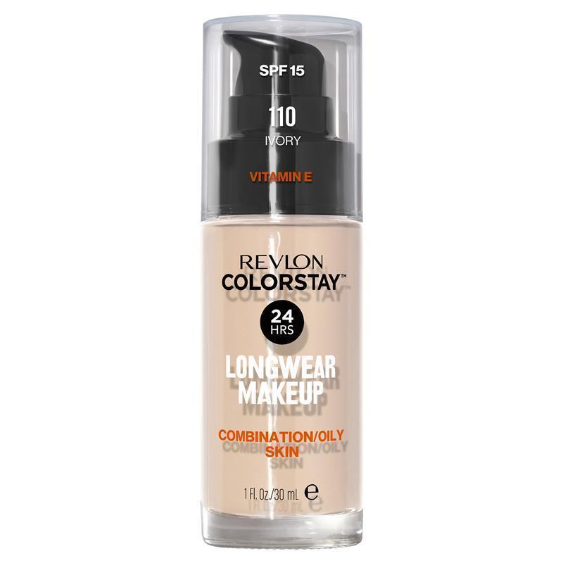 A pump bottle of Revlon ColorStay Longwear Makeup Foundation in a shade named 'Combination Oily Skin'. The packaging is primarily white with black and orange accents, and text indicates 'SPF 15', '24-HRS WEAR', and 'COMBO SKIN'.