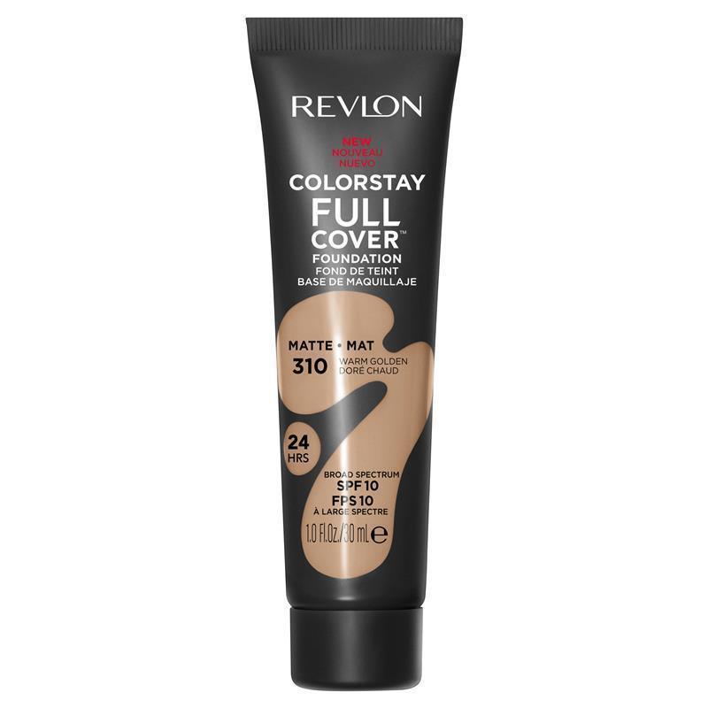A tube of Revlon ColorStay Full Cover Foundation in the shade 'Warm Golden'. The packaging is predominantly black with product details displayed in white and yellow text.
