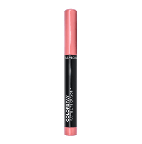 A pink-colored Revlon ColorStay Matte Lite Crayon Lip Color in a twist-up stick dispenser with a black cap.