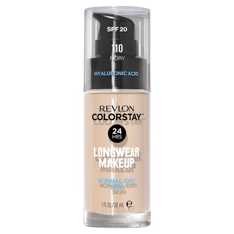A pump bottle of Revlon Colorstay 24 Hour Longwear Foundation in Ivory shade, indicating it's for normal/dry skin.