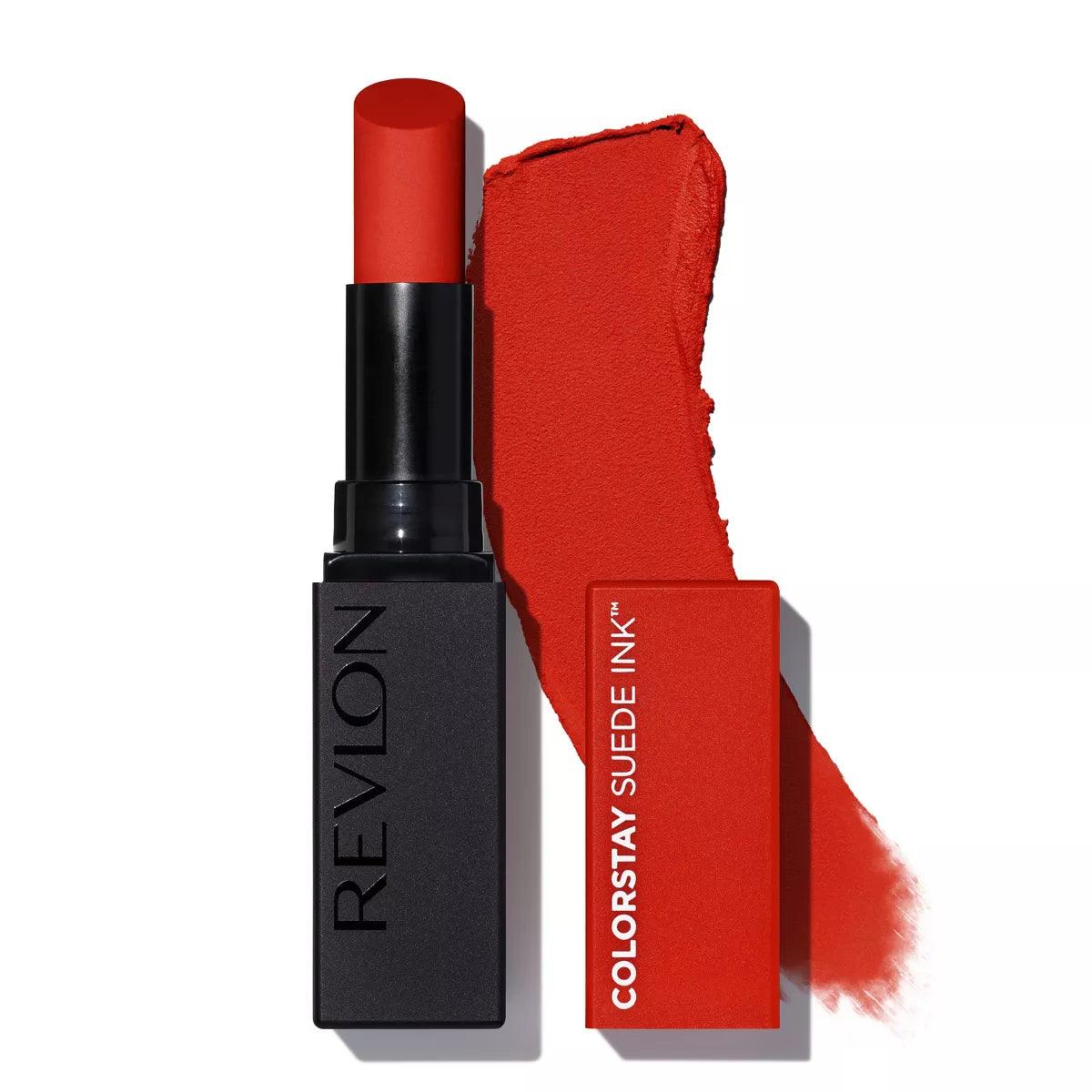 A Revlon Colorstay Suede Ink Lipstick in a red shade with its cap on, showcasing the product's texture.