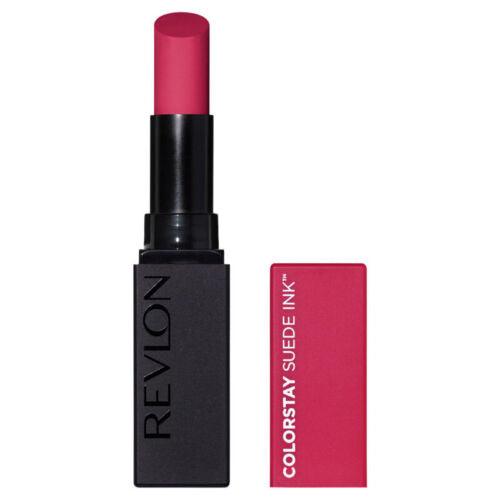 A Revlon Colorstay Suede Ink Lipstick in a pink shade with its cap on, displayed next to its black packaging.