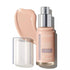 A pump bottle of Revlon Illuminance Skin-Caring Foundation in a light ivory shade, with text highlighting its benefits and a transparent dispenser.