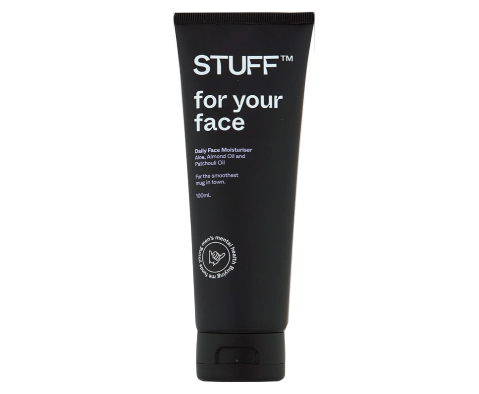 Black tube of 'STUFF for your face' daily face moisturizer on a white background